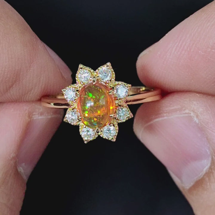 Starry Night Fire Opal Diamond Engagement Ring