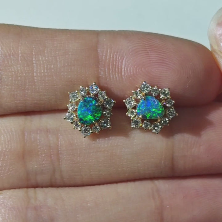 Stunning Australian Boulder Opal & Halo Diamond Stud Earrings 14K Yellow Gold