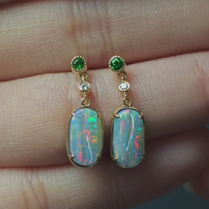 Australian Boulder Opal Diamond Tsavorite Drop Earrings 14K