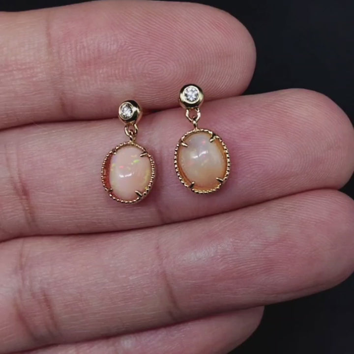 Unique Egg Fire Opal & Diamond Drop Earrings