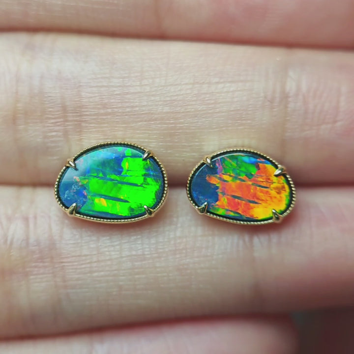 Minimalist Bright Australian Doublet Opal Stud Earrings 14K Yellow Gold