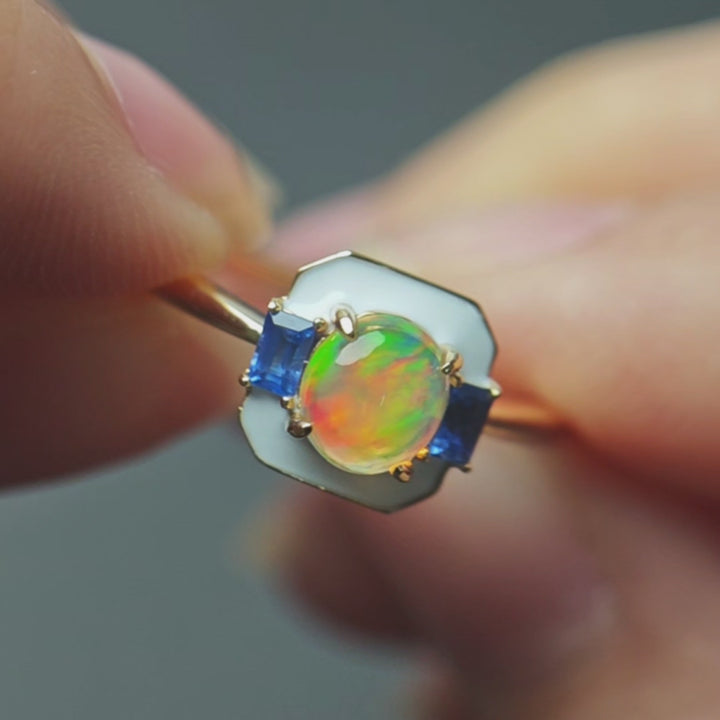 Rainbow Fire Opal Art Deco Style Blue Sapphire Engagement Ring 14K Yellow Gold