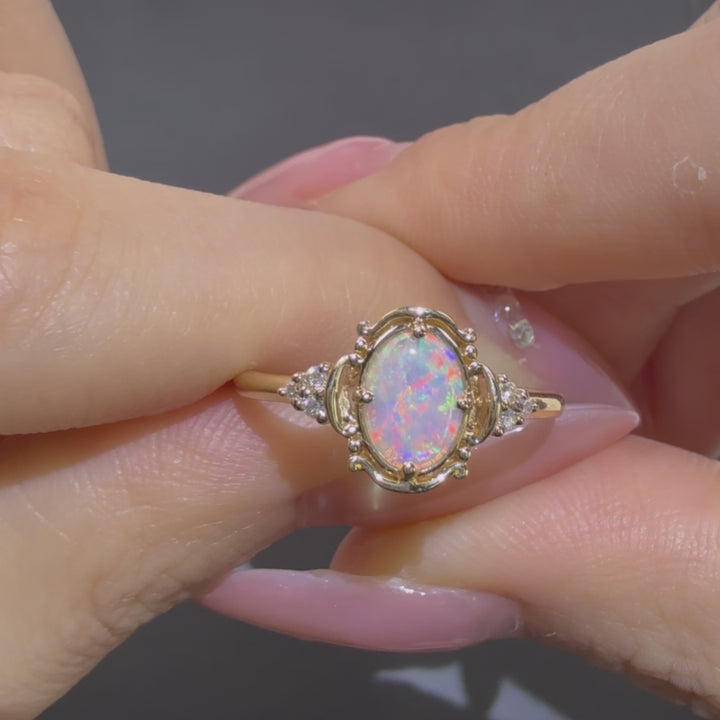 Australian Oval Solid Opal Diamond Engagement Ring