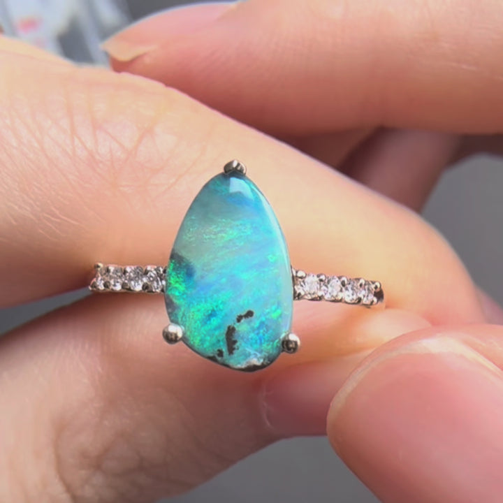 Teardrop Boulder Opal Diamond Engagement Ring