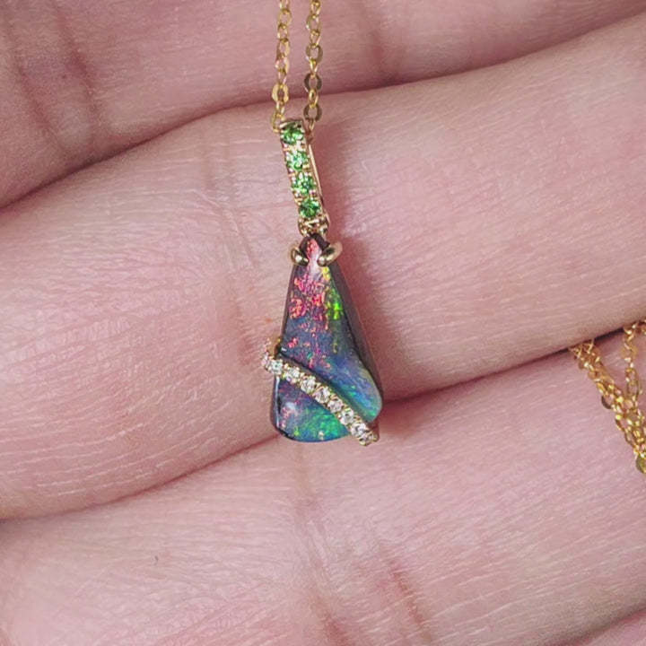 Colorful Boulder Opal & Diamond Tsavorite Necklace