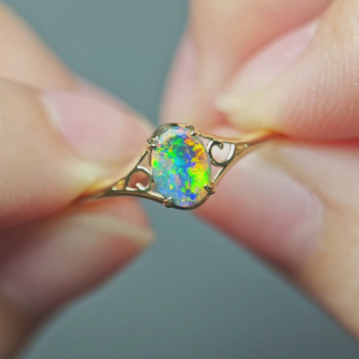 Bright Rainbow Australian Black Opal Engagement Ring 14K Yellow Gold