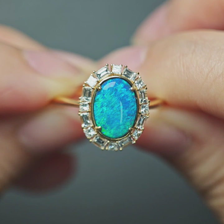 Baguette Halo Diamond Black Opal Engagement Ring 14K Yellow Gold