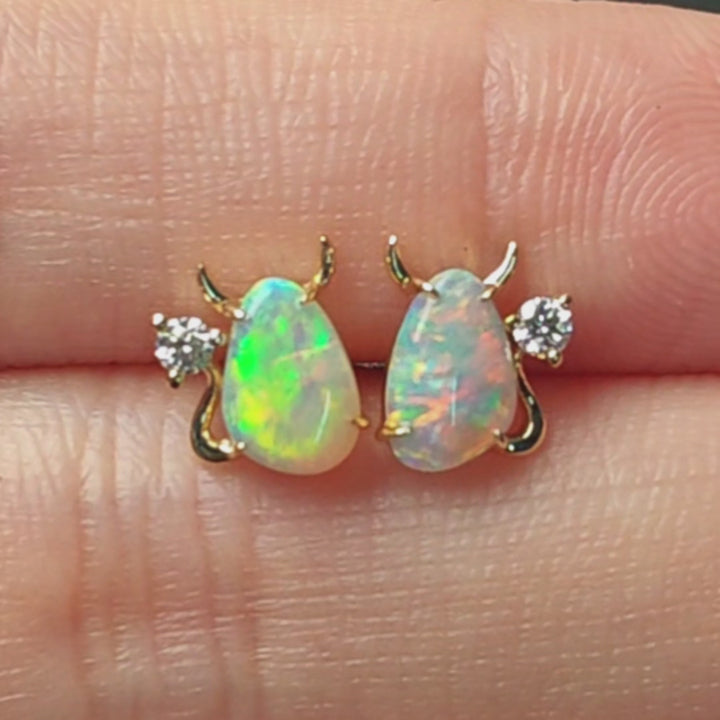 Australian Solid Opal Diamond Stud Earrings 14K