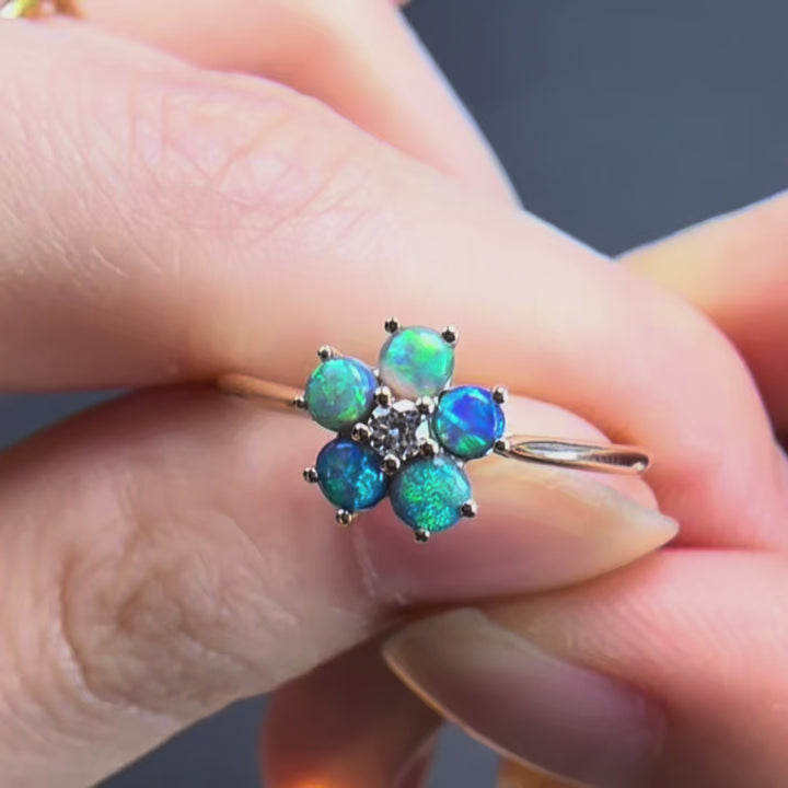Flower Design Black Opal Diamond Engagement Ring