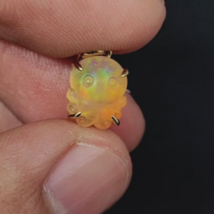 Cute Handcarved Mexican Fire Opal Octopus Necklace