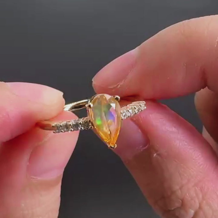Faceted Fire Opal & Diamond Engagement Ring