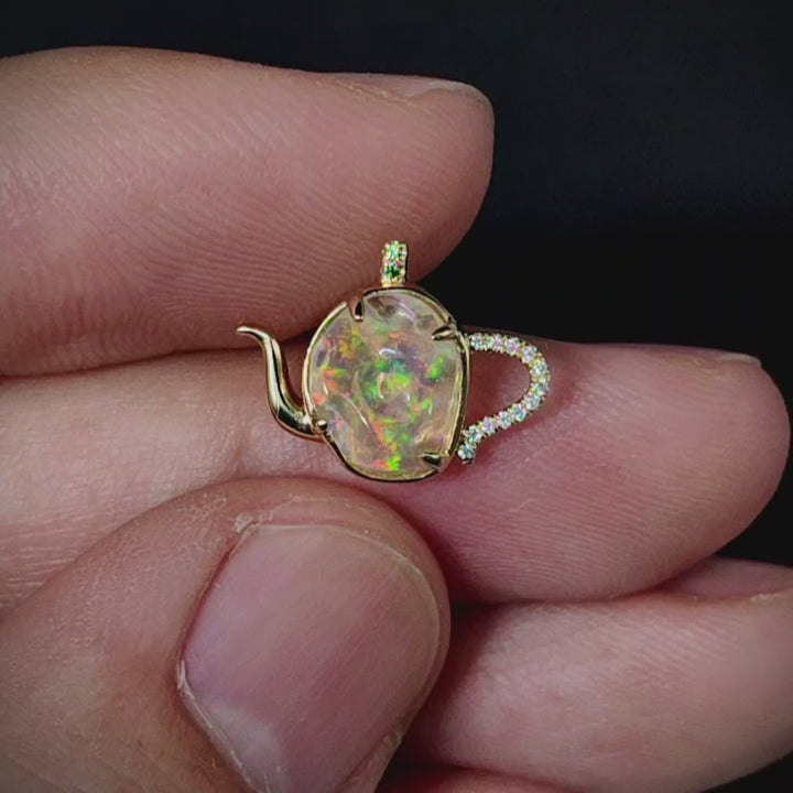 Teapot Fire Opal & Diamond Necklace