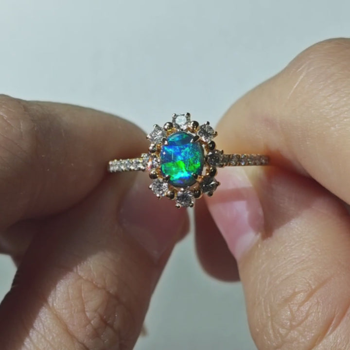 Australian Black Opal Halo Diamond Engagement Ring