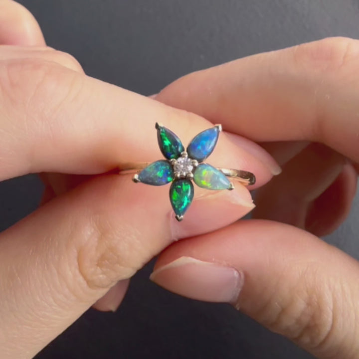Unique Black Opal & Diamond Floral Ring