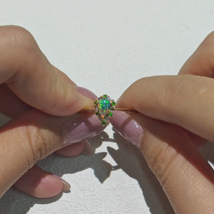 Australian Black Opal, Baguette Cut Diamond, Tsavorite Engagement Ring