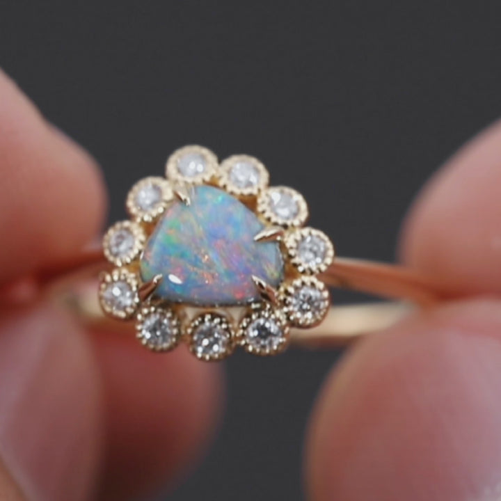 Beautiful Black Opal & Halo Diamond Engagement Ring