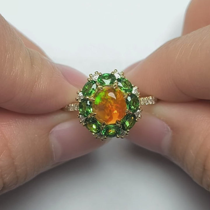 Fiery Mexican Fire Opal Surrounded by Diamonds & Tsavorites
