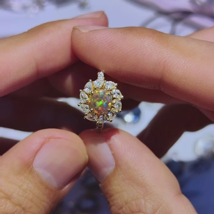 La Fiesta - Lightning Ridge Black Opal & Halo Pear Diamond Engagement Ring