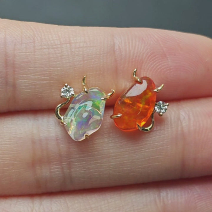 Fire Opal Diamond Stud Earrings 14K