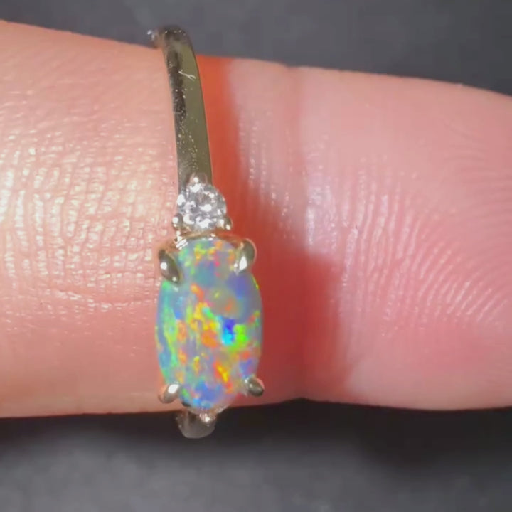 Three Stones Black Opal Diamond Engagement Ring 
