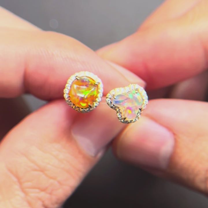 Asymmetrical Fire Opal Diamond Stud Earrings