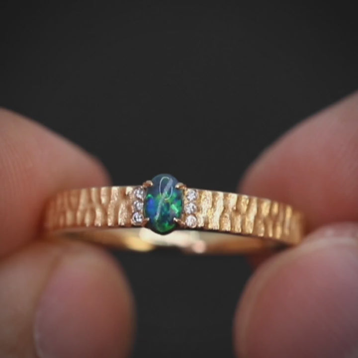 Wave Texture Band Black Opal Diamond Ring