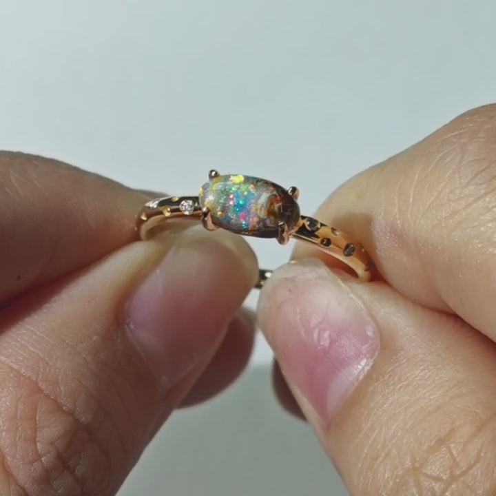Stylish Australian Boulder Opal & Diamond Engagement Ring 14K Yellow Gold