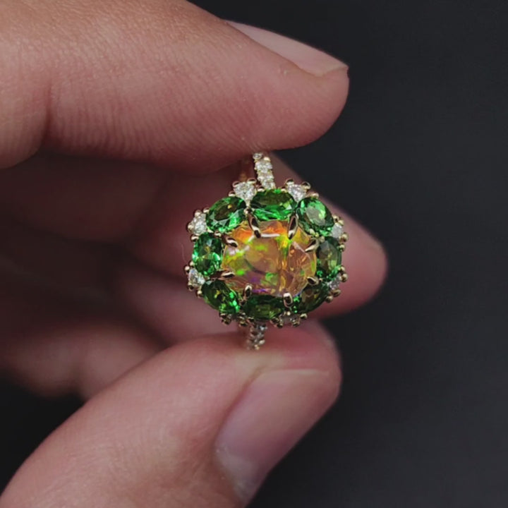 Incredible Color Opal Tsavorite Diamond Engagement Ring