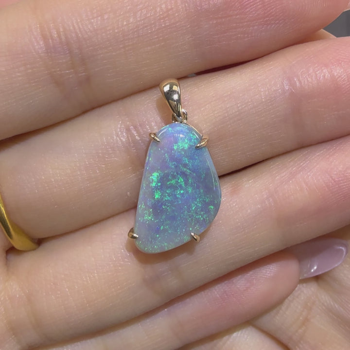 Bright Australian Black Opal Pendant Necklace 14K Yellow Gold