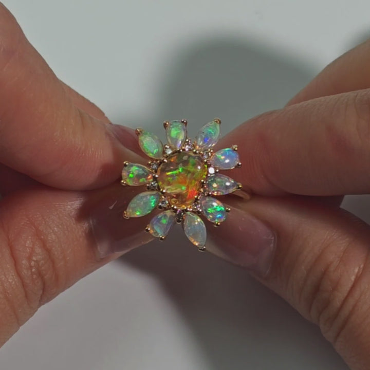Golden Dahlia – Fire Opal Floral Diamond Engagement Ring 