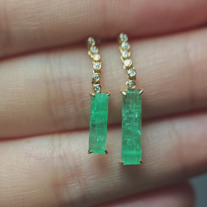 Beautiful Colombian Raw Emerald Diamond Drop Earrings in 14K Yellow Gold