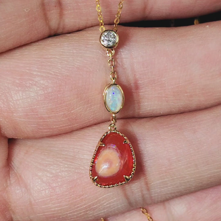 Fire Opal & Australian Opal Diamond Necklace