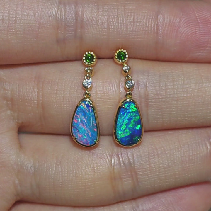 Australian Doublet Opal Diamond Tsavorite Drop Earrings 14K