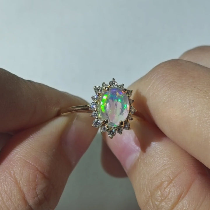 Mexican Fire Opal Halo Diamond Engagement Ring