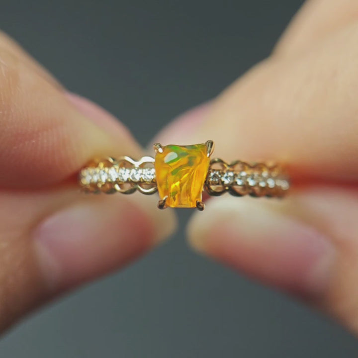 Sunset Orange Mexican Fire Opal Diamond Engagement Ring