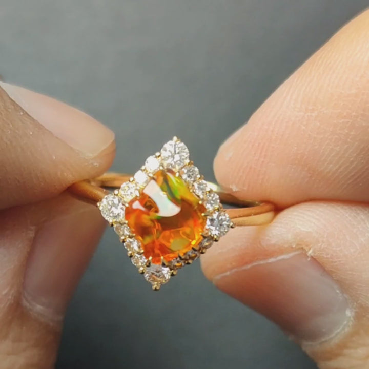 Diamond Shaped Fire Opal Diamond Engagement Ring
