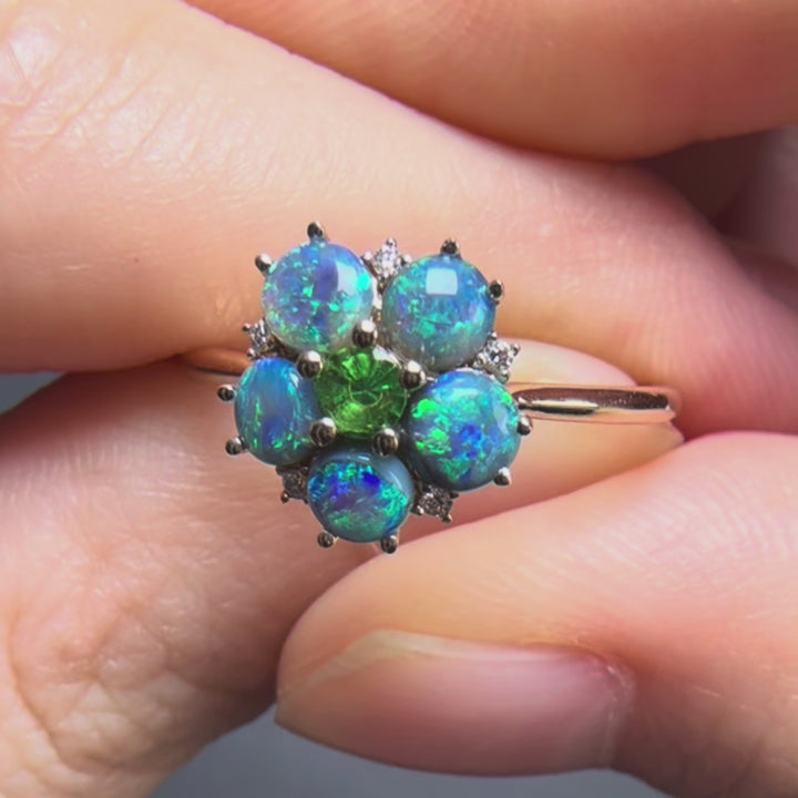 Black Opal, Tsavorite & Diamond Floral Engagement Ring
