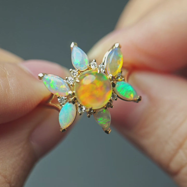 Golden Dahlia – Fire Opal & Australian Opal Floral Diamond Engagement Ring 14K Yellow Gold