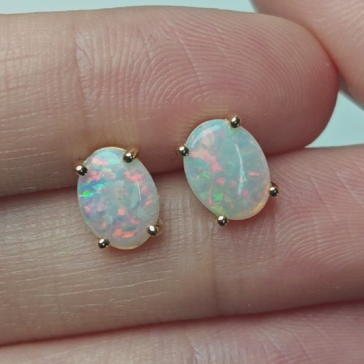 Minimalist Australian Solid Opal Oval Stud Earrings 14K Yellow Gold