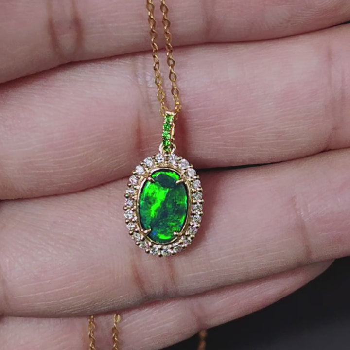 Bright Green Halo Diamond Tsavorite Black Opal Necklace