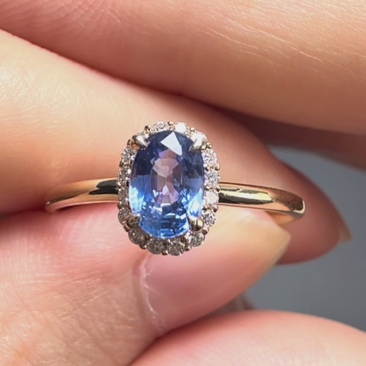 Blue Sapphire & Halo Diamond Engagement Ring