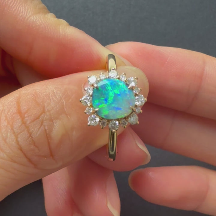 Bright Boulder Opal Halo Diamond Engagement Ring