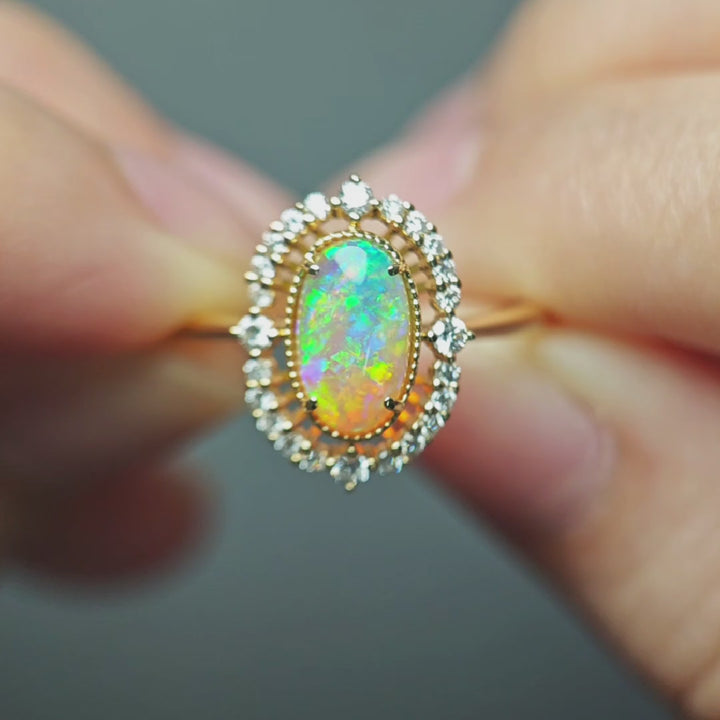 14K Gold Australian Black Opal Diamond Engagement Ring