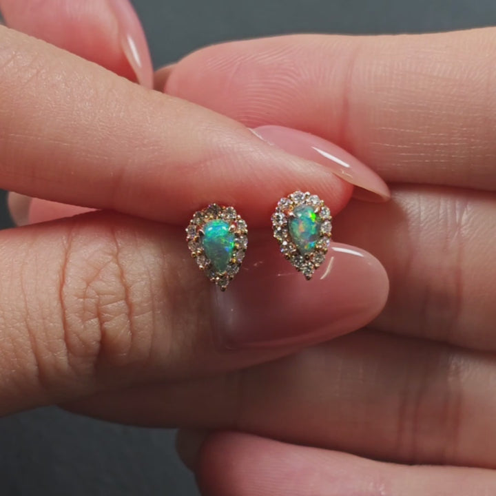 Halo Diamond Pear Shaped Black Opal Stud Earrings 