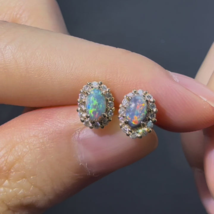 Halo Diamond Stud Earrings with Black Opal