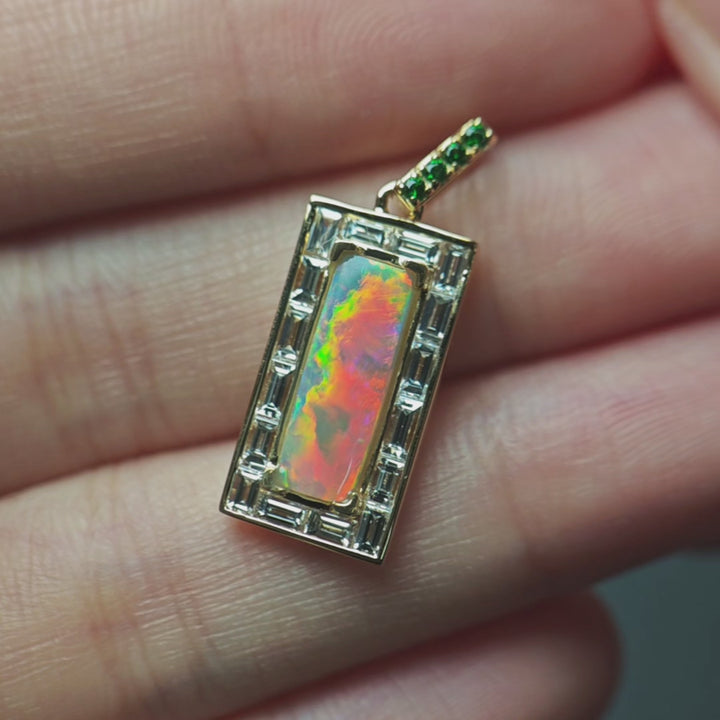 Baguette Diamond Invisible Setting Australian Black Opal & Tsavorite Necklace 18k Yellow Gold