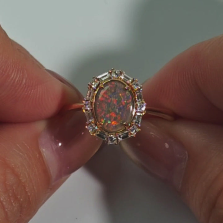 Baguette Halo Diamond Black Opal Engagement Ring 