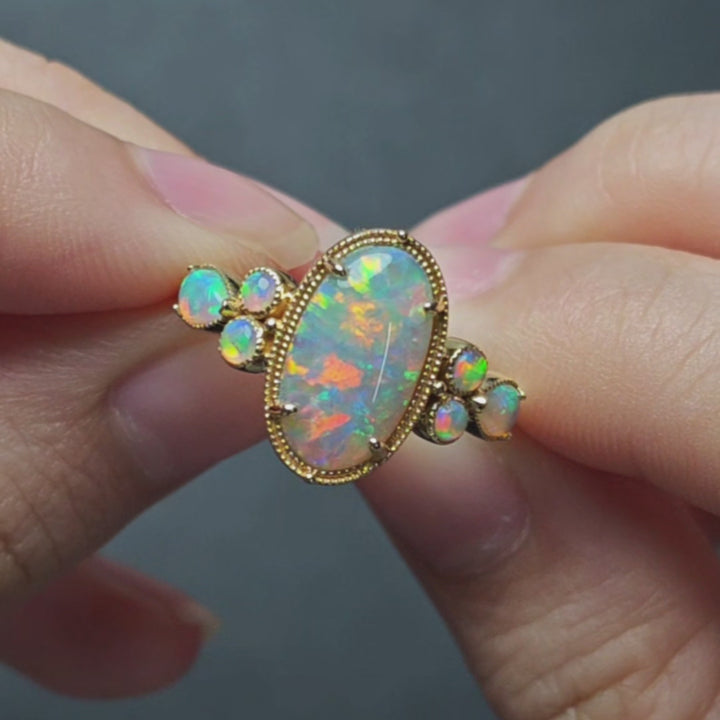 Black Opal & Crystal Opal Engagement Ring 14K