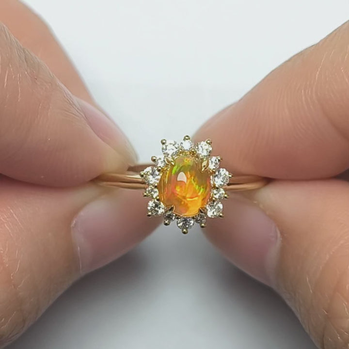 Fire Opal Halo Diamond Engagement Ring