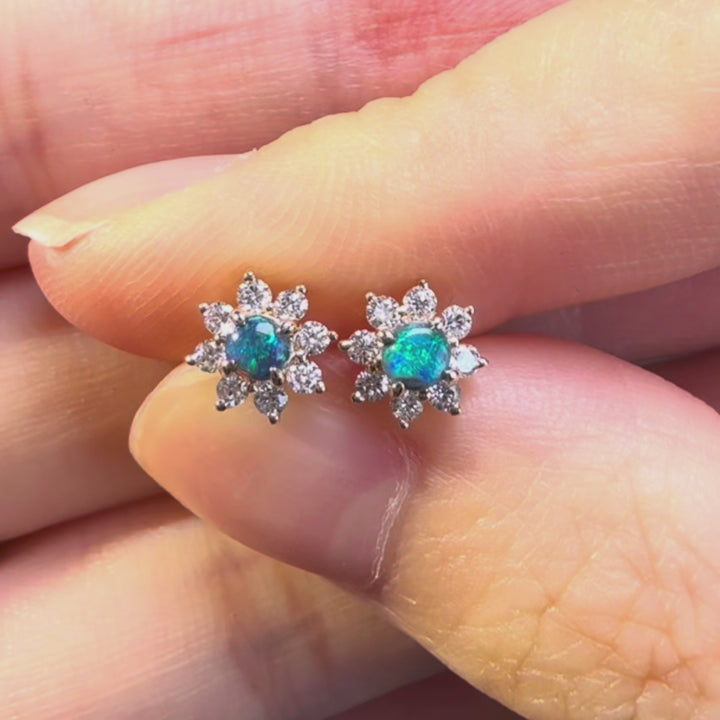 Black Opal & Diamond Flower Stud Earrings